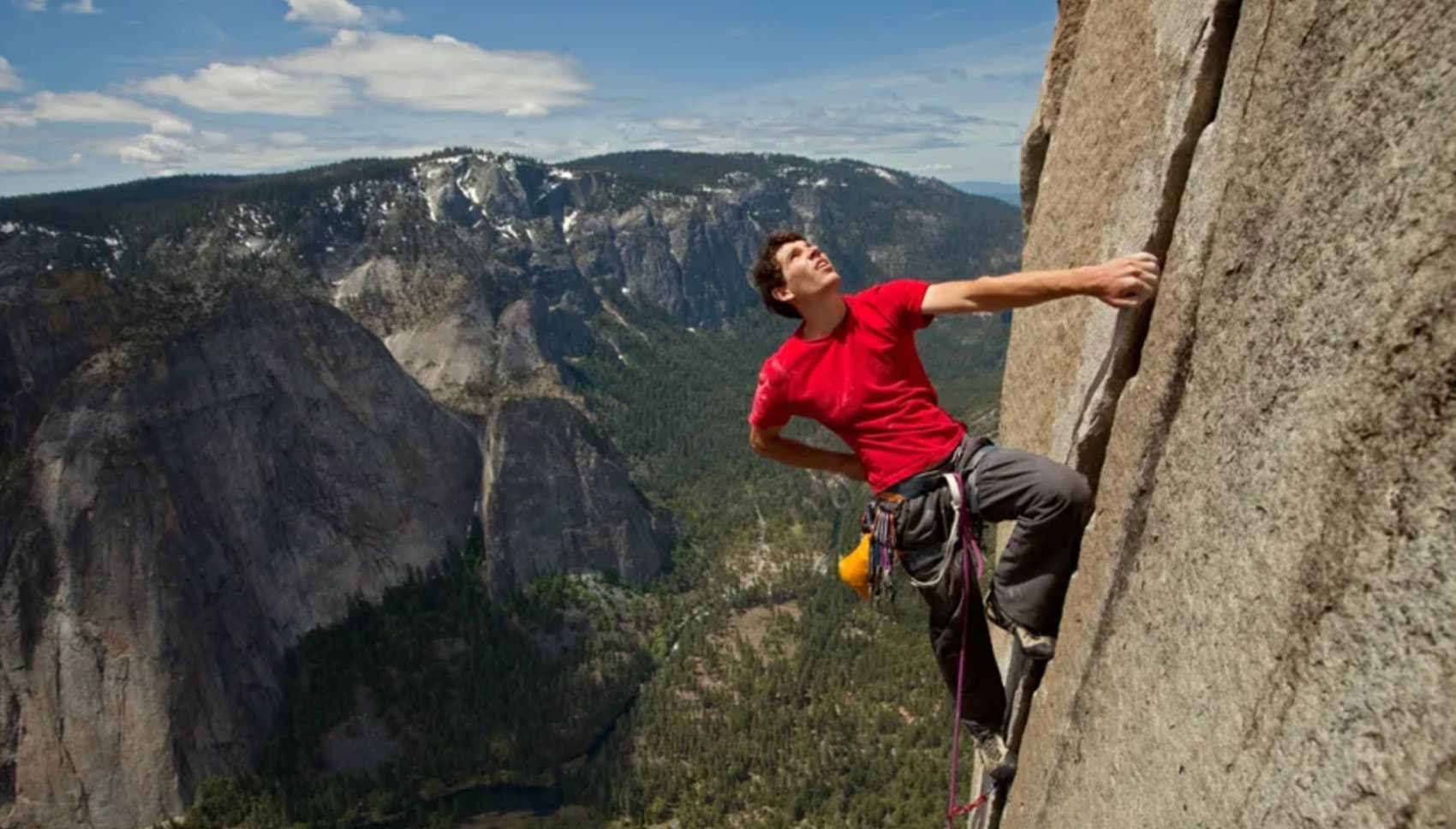 “Alex Honnold free soloed (no ropes, no people only cameras) ‘freerider,’ an El Capitan Route in Yosemite. Alex Climbed the 3000ft route in 3h 56min.”